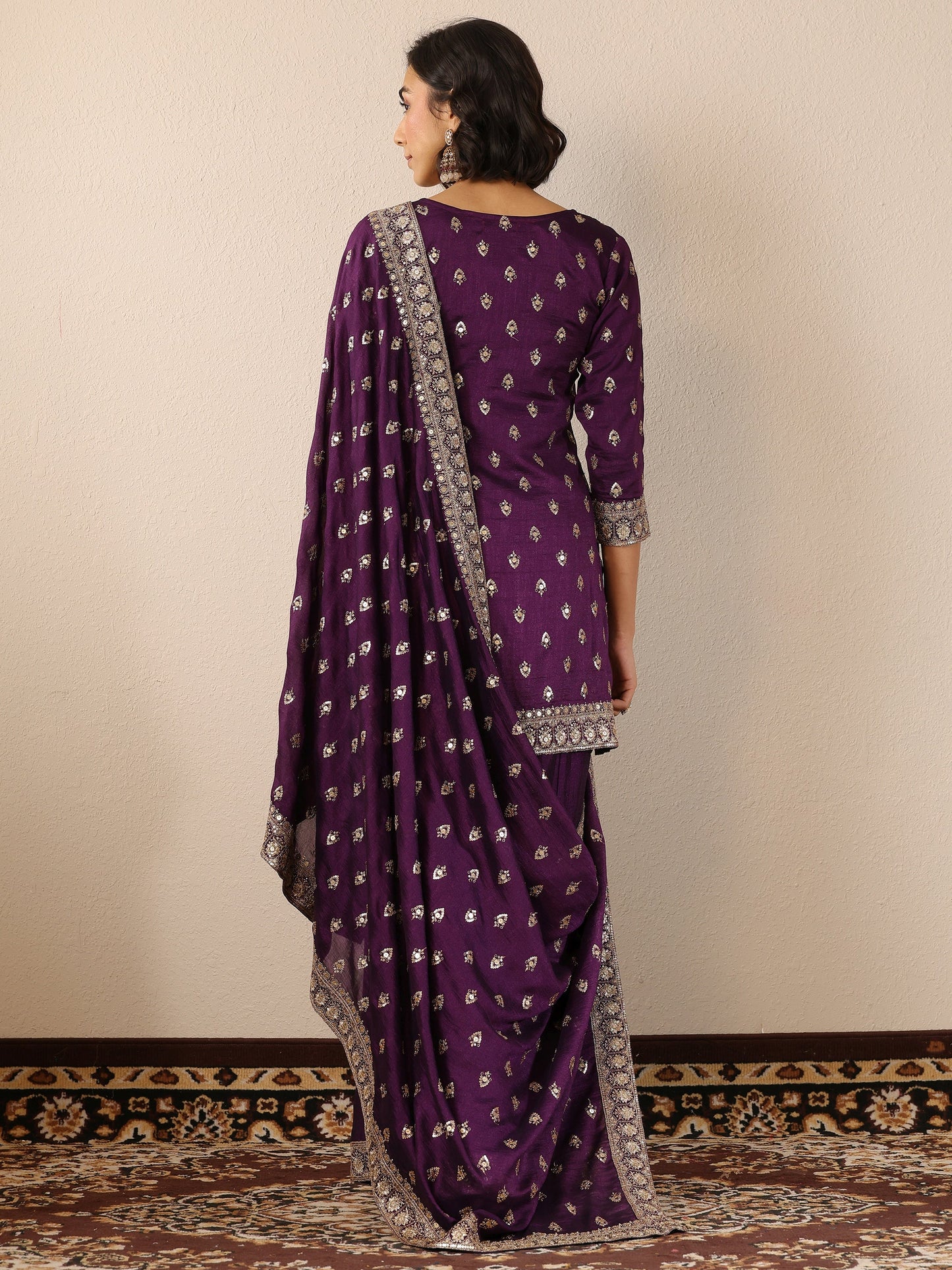 Libas Art Purple Embroidered Silk Blend Straight Suit Set With Dupatta