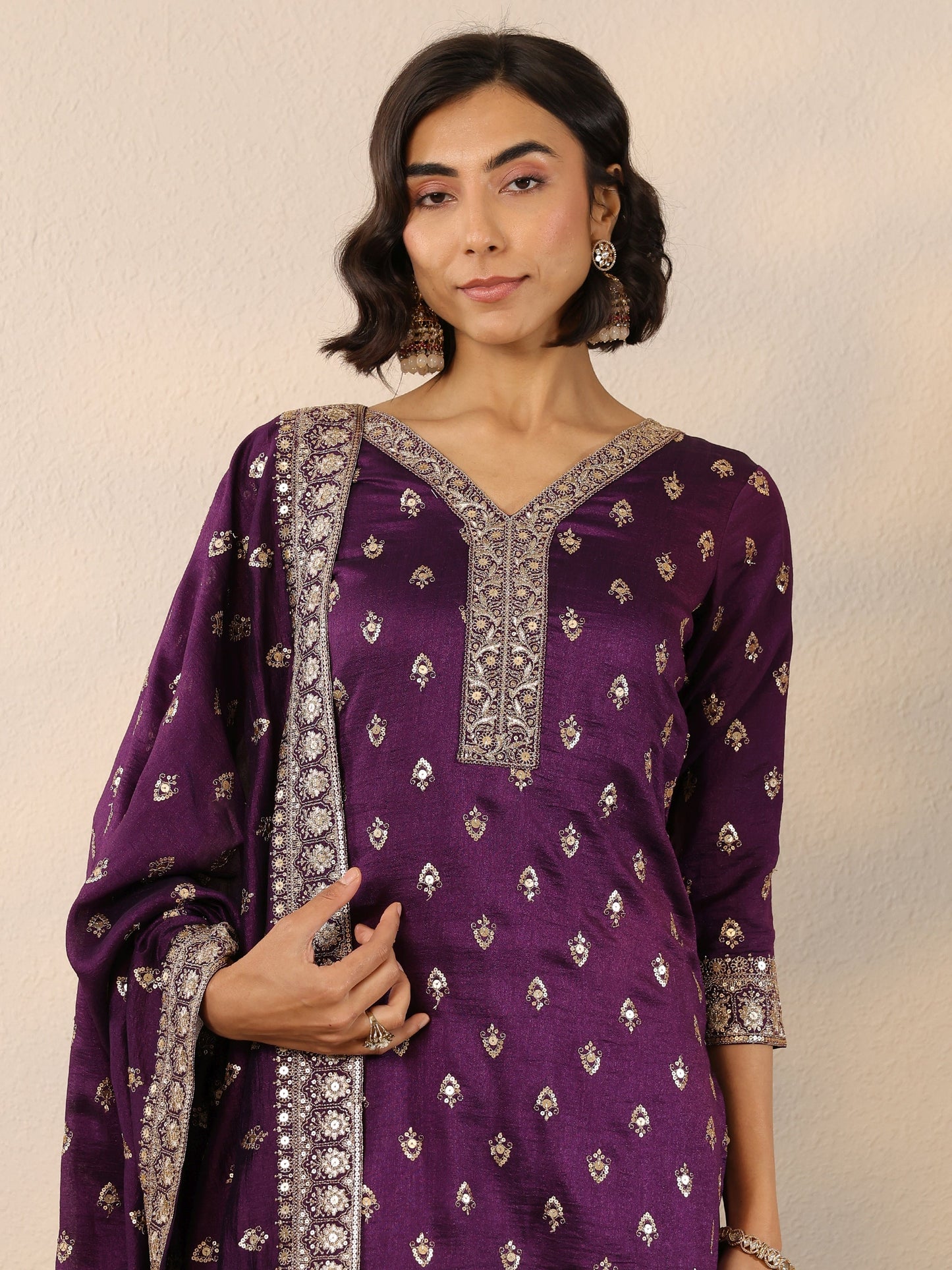 Libas Art Purple Embroidered Silk Blend Straight Suit Set With Dupatta