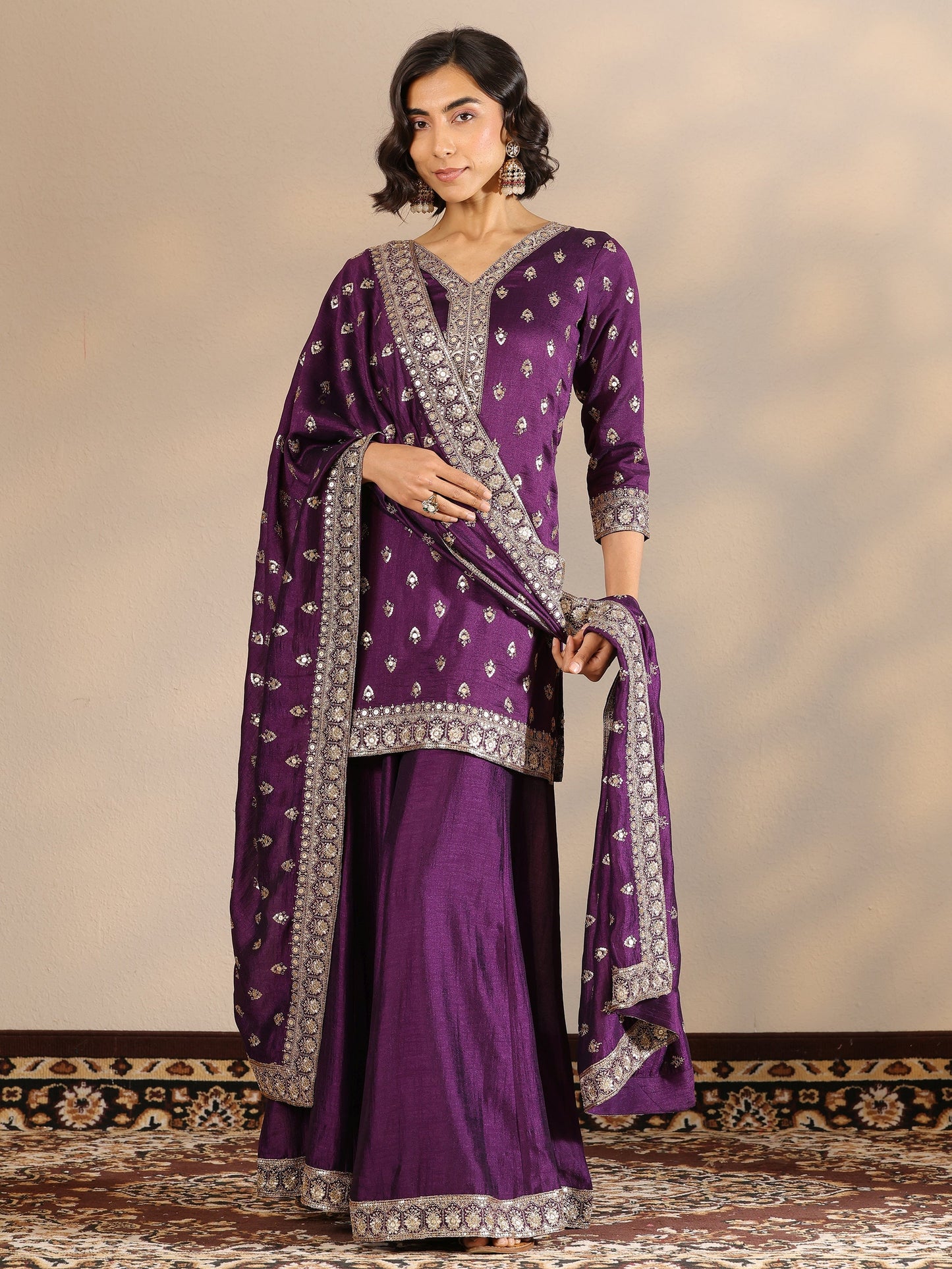 Libas Art Purple Embroidered Silk Blend Straight Suit Set With Dupatta