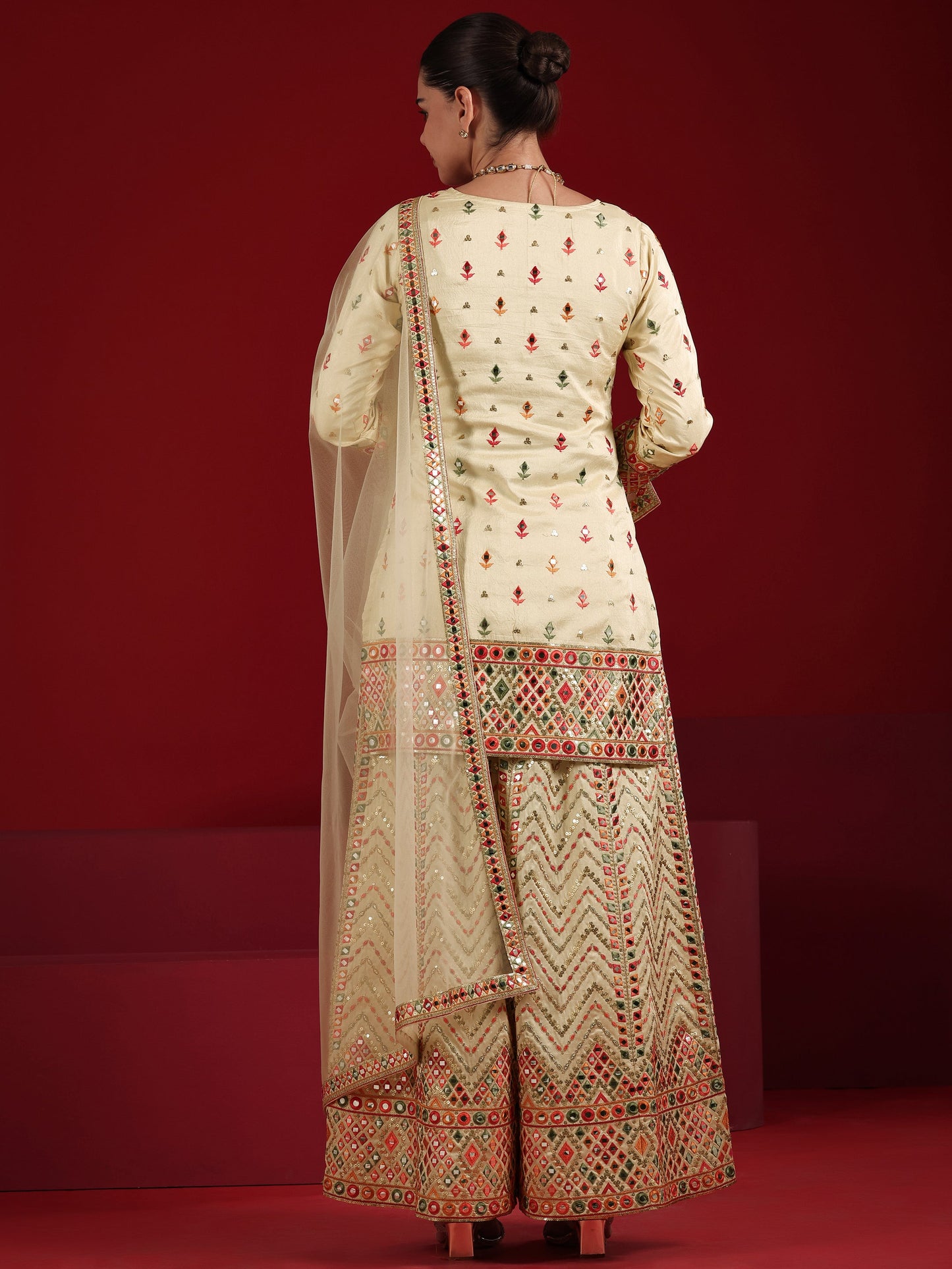 Libas Art Cream Embroidered Silk Blend Straight Suit Set With Dupatta