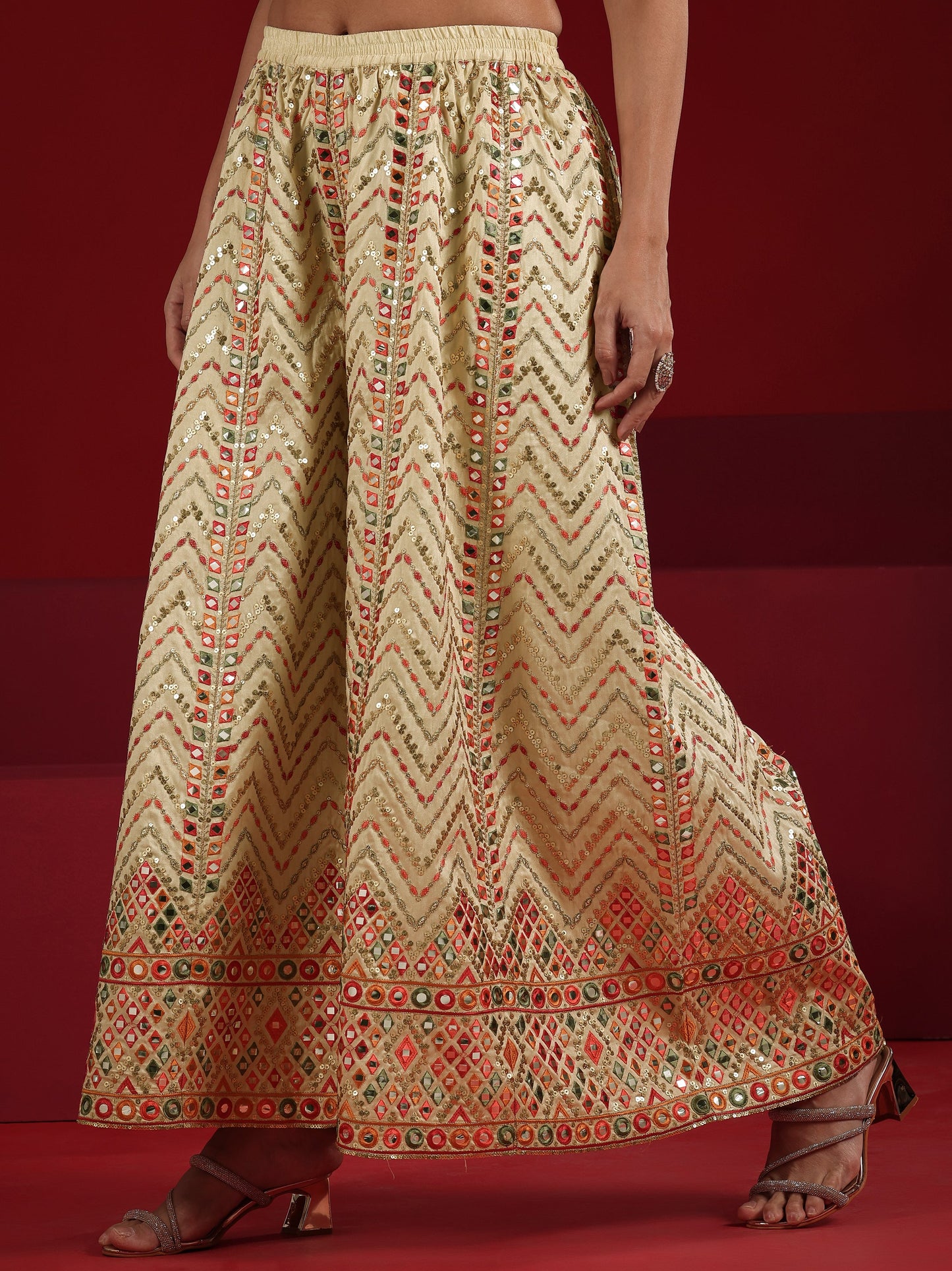 Libas Art Cream Embroidered Silk Blend Straight Suit Set With Dupatta