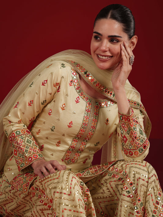 Libas Art Cream Embroidered Silk Blend Straight Suit Set With Dupatta