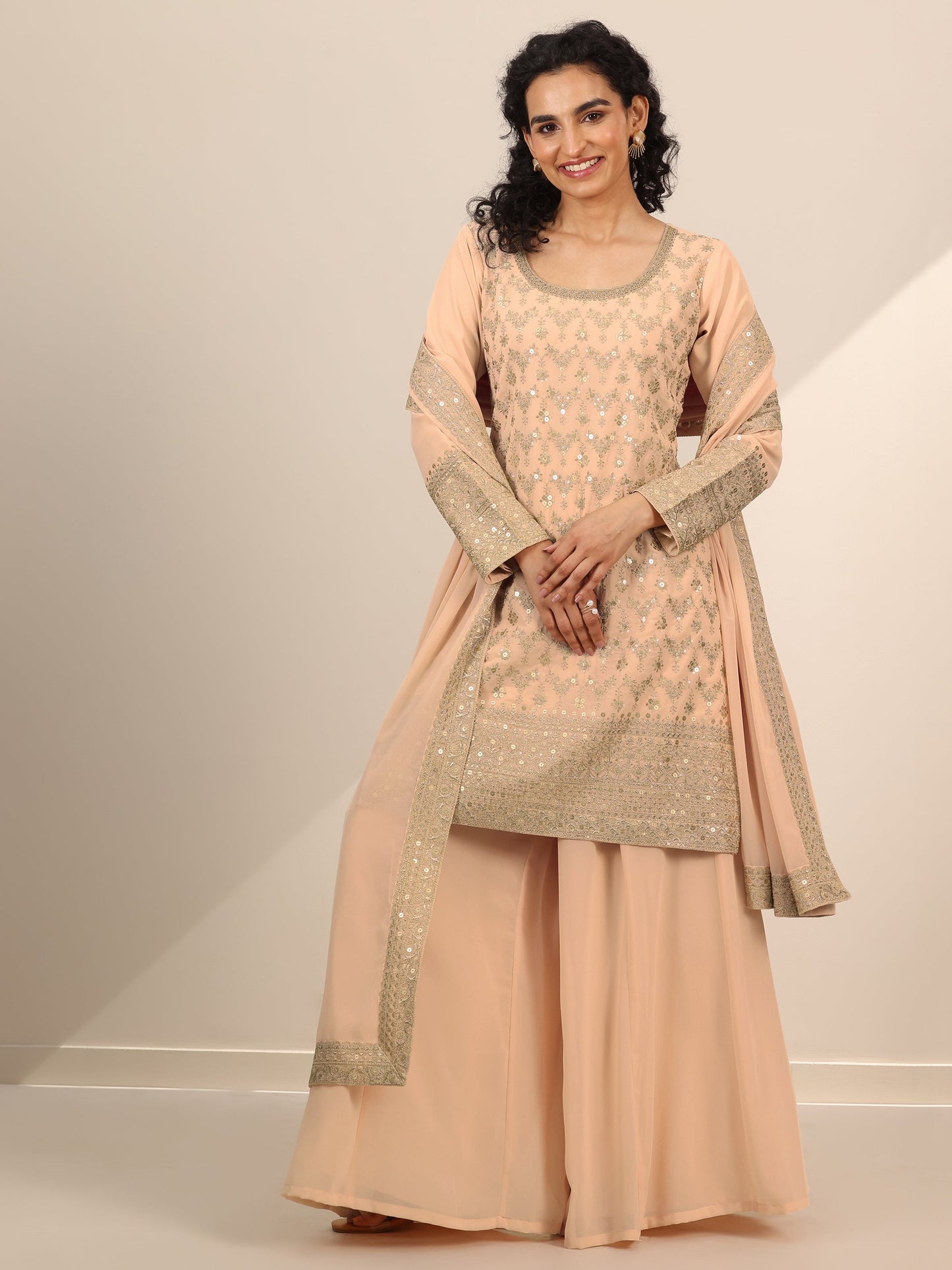 Libas Art Beige Embroidered Georgette Straight Sharara Suit Set With Dupatta