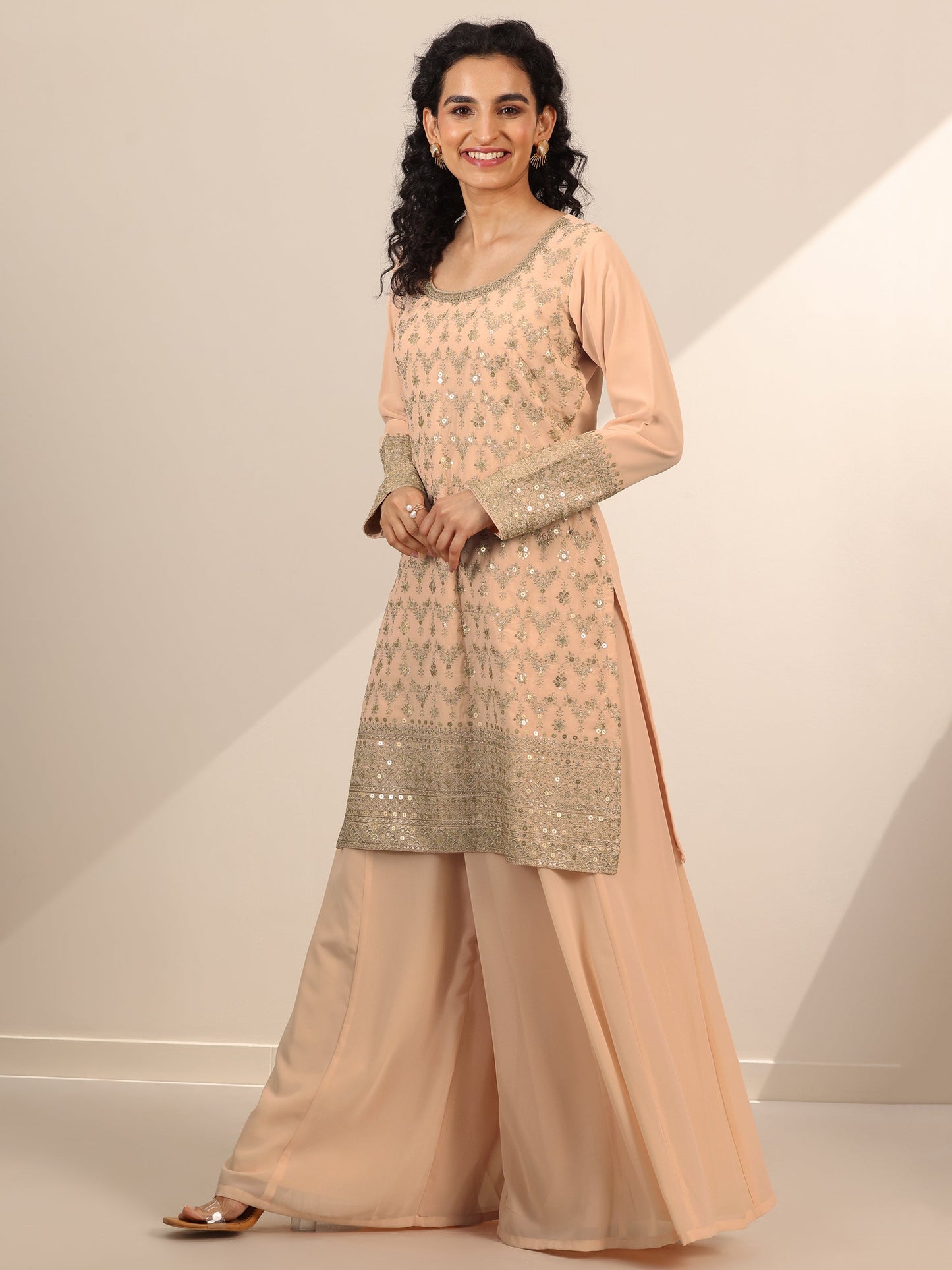 Libas Art Beige Embroidered Georgette Straight Sharara Suit Set With Dupatta