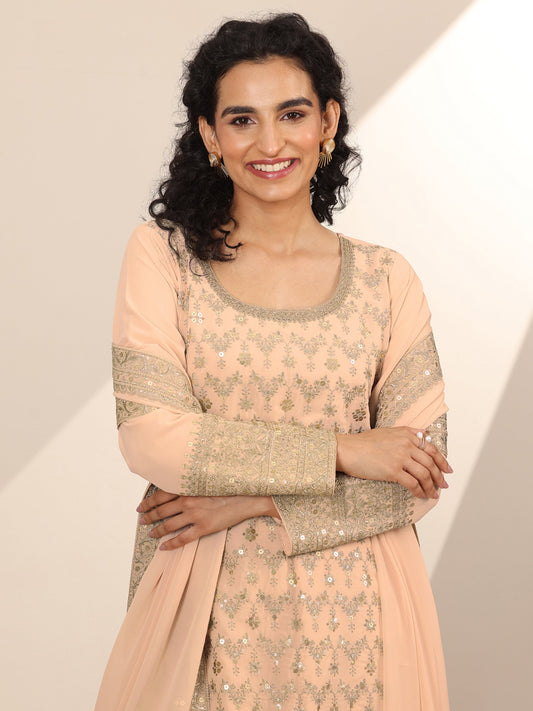 Libas Art Beige Embroidered Georgette Straight Sharara Suit Set With Dupatta