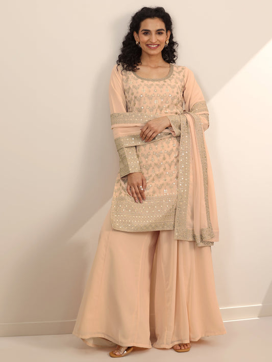 Libas Art Beige Embroidered Georgette Straight Sharara Suit Set With Dupatta