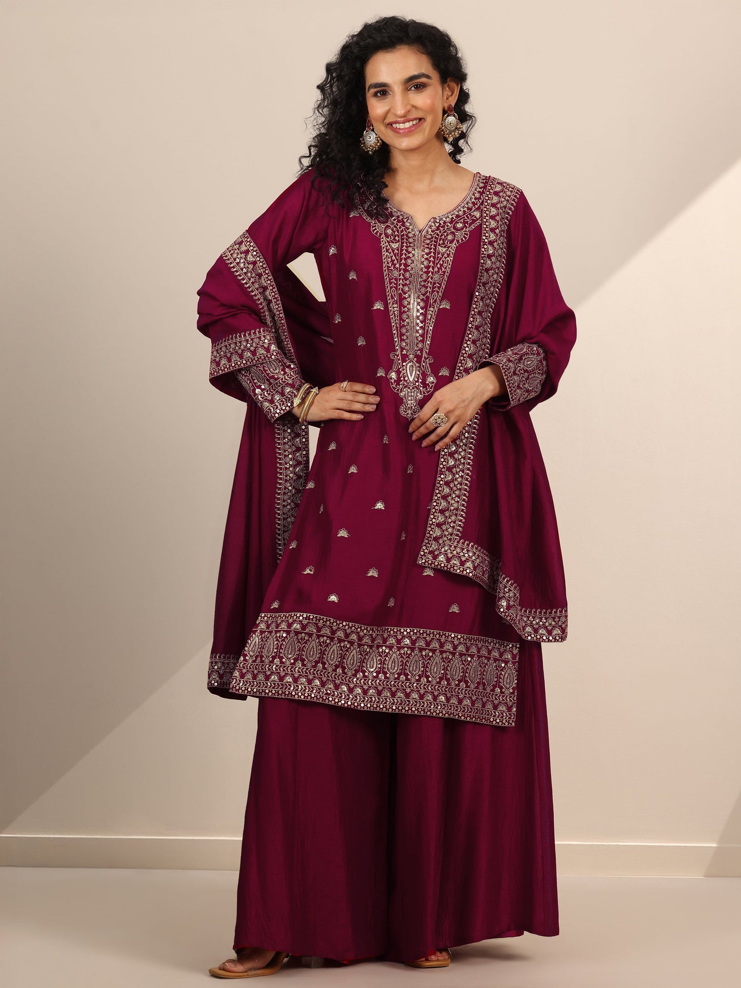 Libas Art Pink Embroidered Silk Blend Straight Suit Set With Dupatta