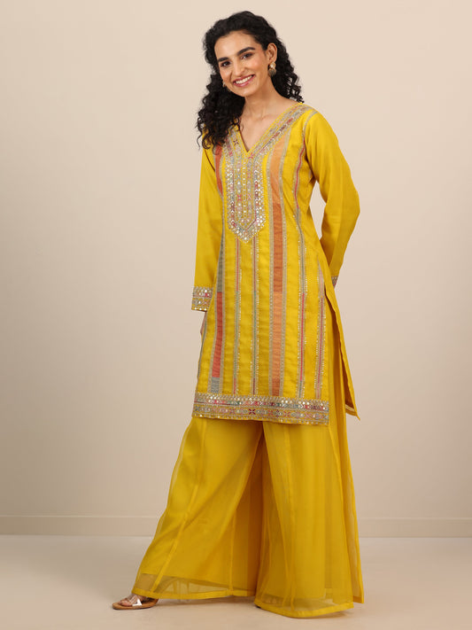 Libas Art Yellow Embellished Organza Straight Suit Set With Dupatta