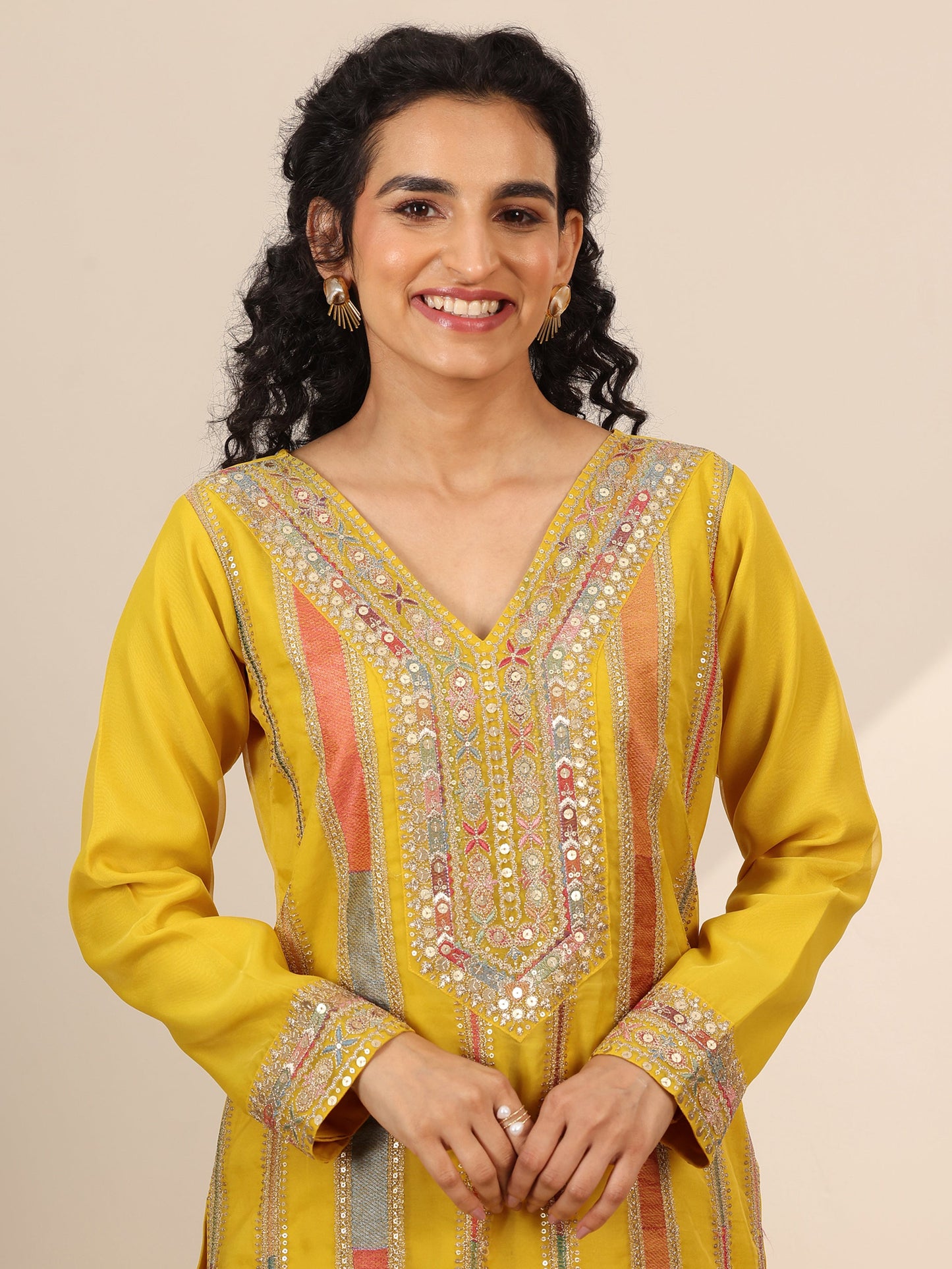 Libas Art Yellow Embellished Organza Straight Suit Set With Dupatta