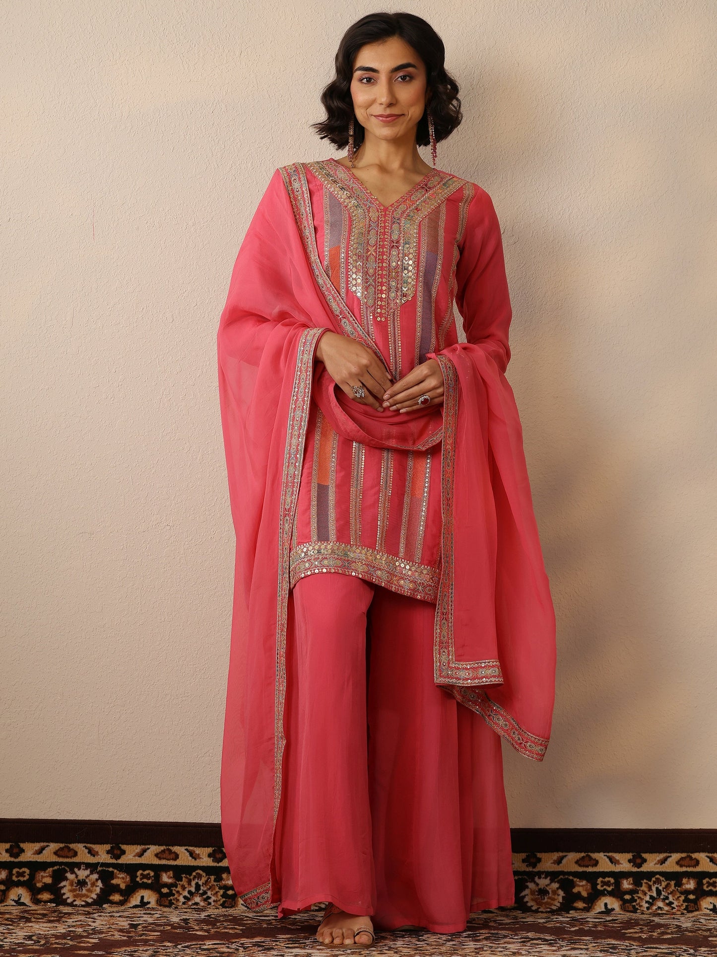 Libas Art Pink Embroidered Organza Straight Suit Set With Dupatta