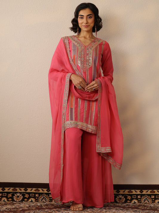 Libas Art Pink Embroidered Organza Straight Suit Set With Dupatta