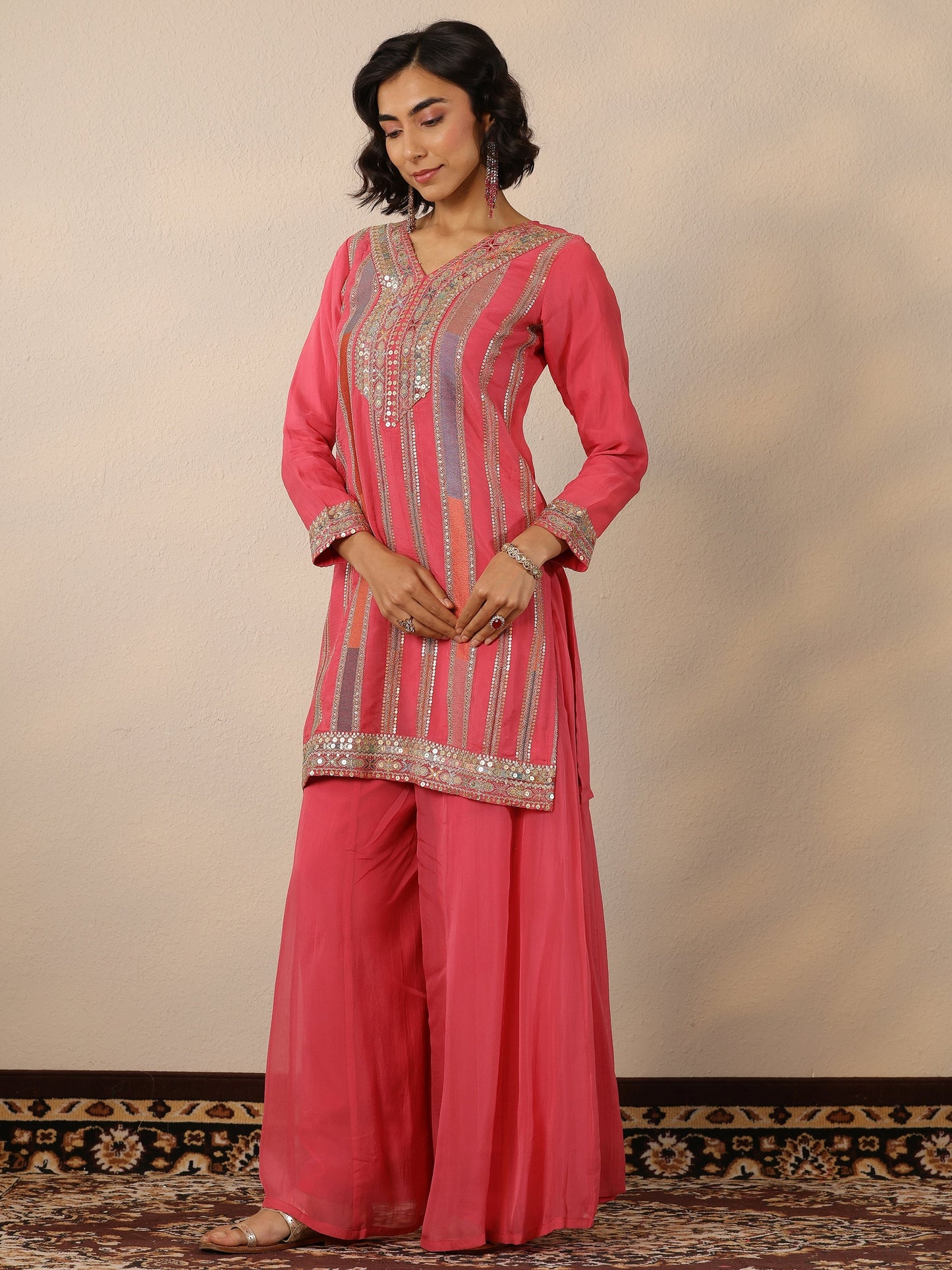 Libas Art Pink Embroidered Organza Straight Suit Set With Dupatta