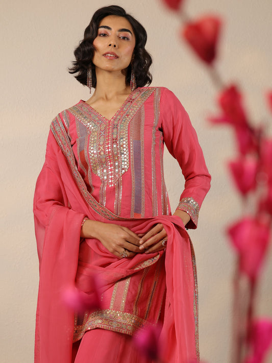 Libas Art Pink Embroidered Organza Straight Suit Set With Dupatta