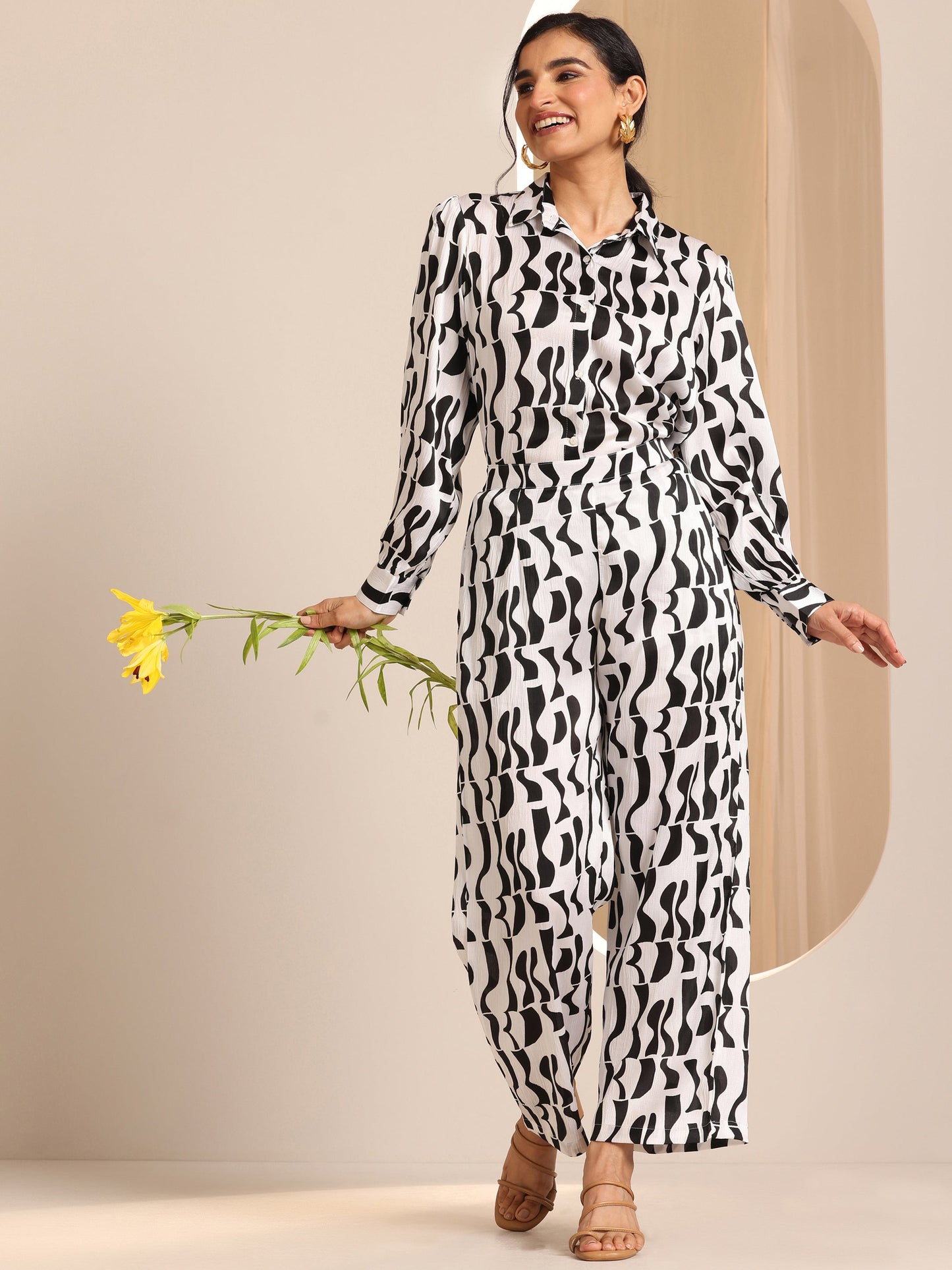 White Printed Silk Blend Co-Ord Sets