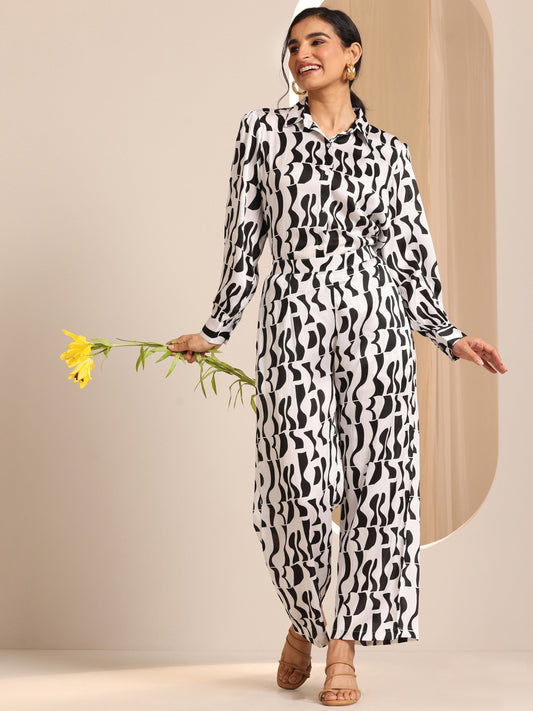 White Printed Silk Blend Co-Ord Sets