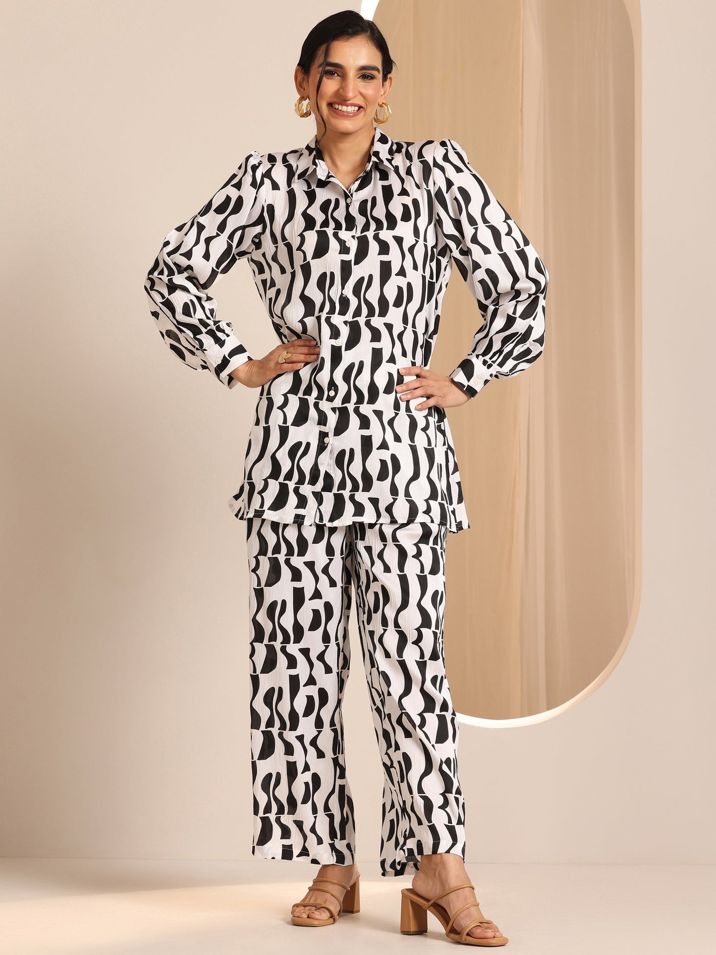 White Printed Silk Blend Co-Ord Sets