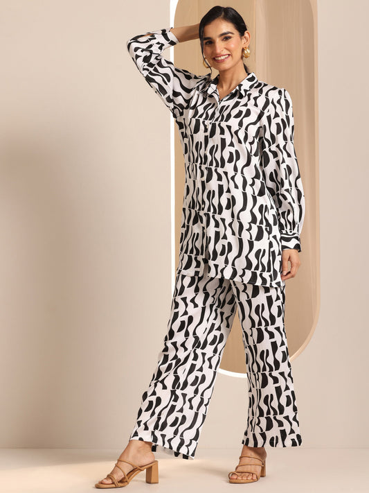 White Printed Silk Blend Co-Ord Sets