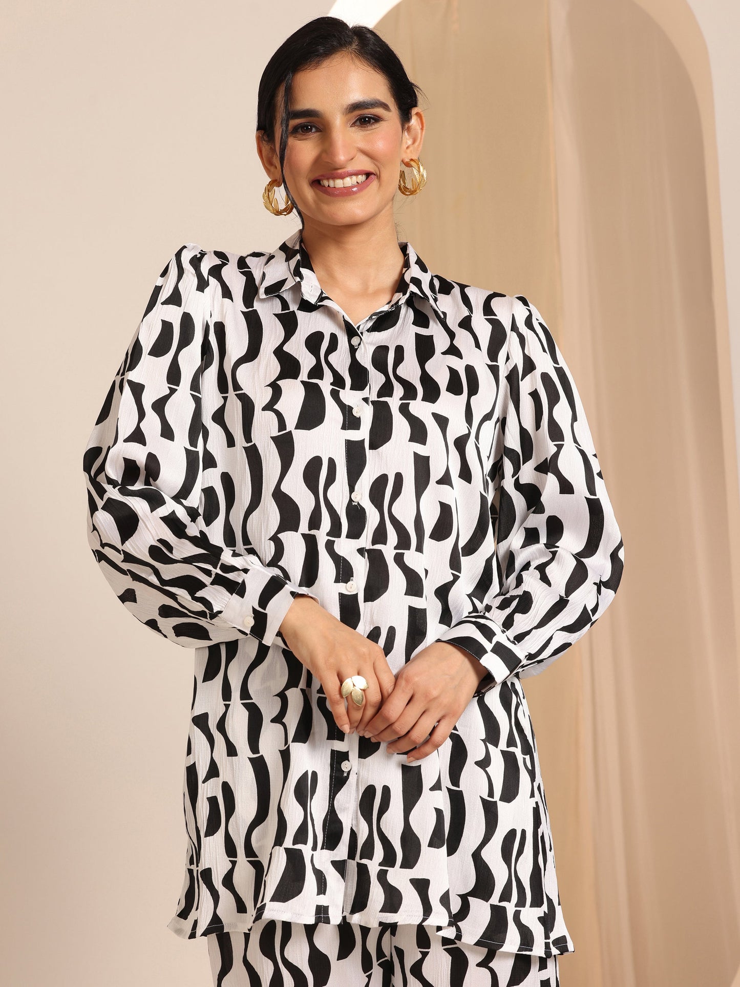 White Printed Silk Blend Co-Ord Sets