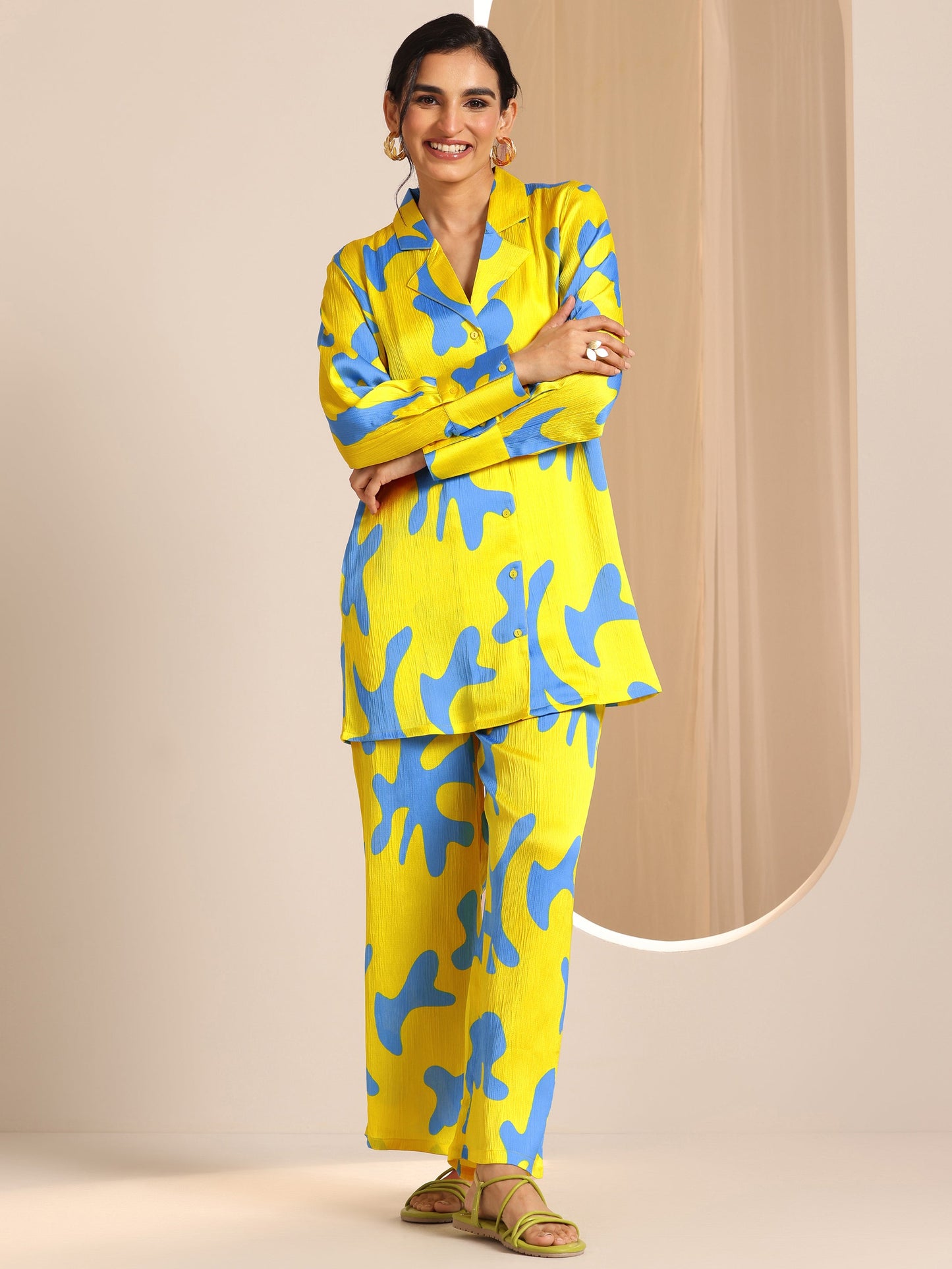 Yellow Printed Silk Blend Co-Ord Sets