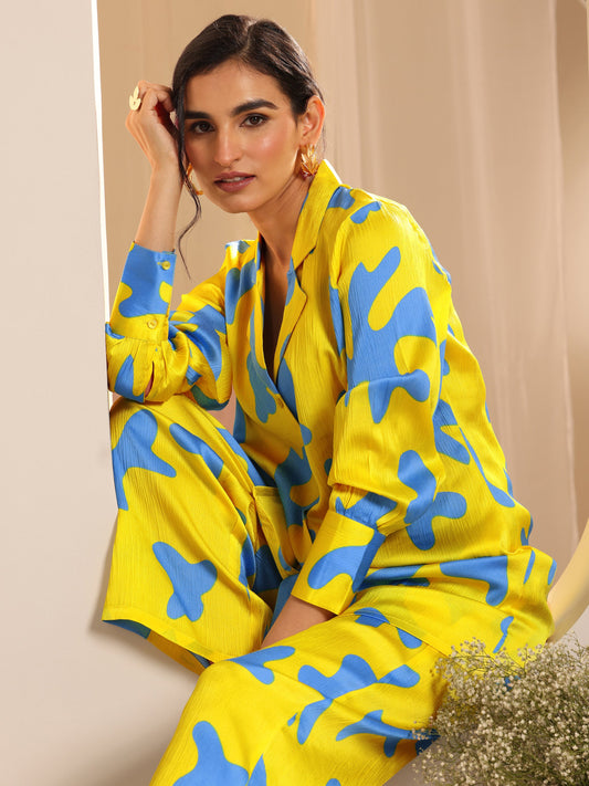 Yellow Printed Silk Blend Co-Ord Sets