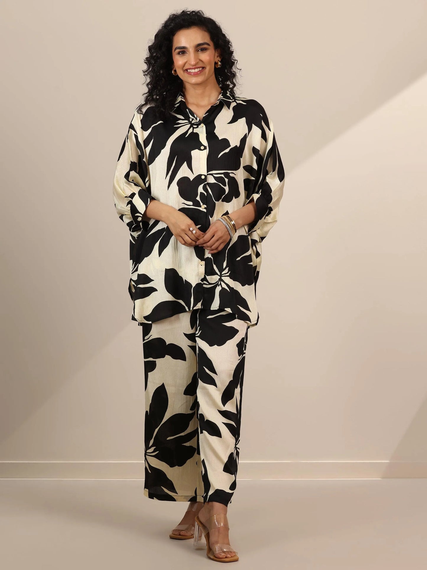 Off White Printed Silk Blend Co-Ord Sets