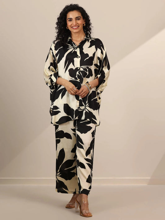 Off White Printed Silk Blend Co-Ord Sets