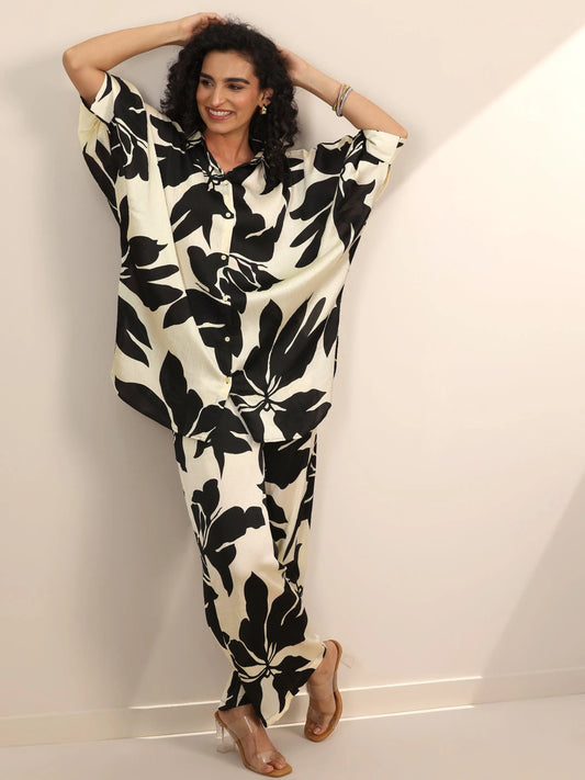 Off White Printed Silk Blend Co-Ord Sets