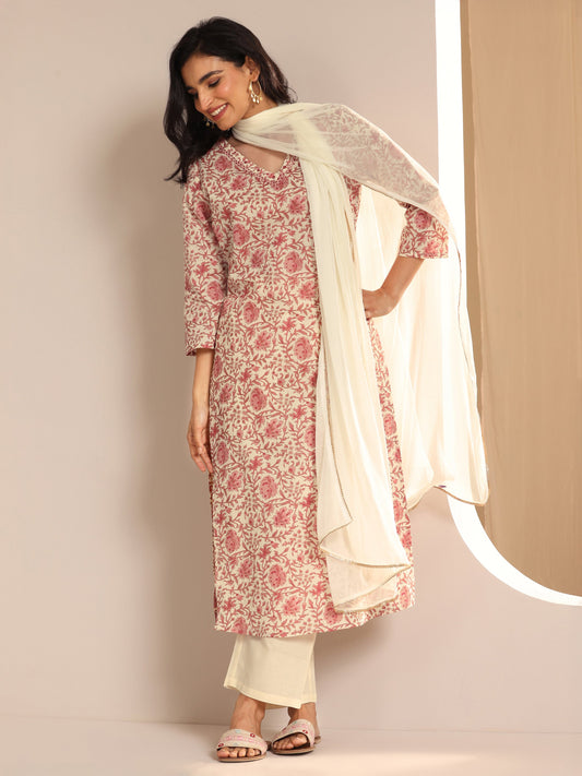 Off White Printed Cotton Straight Suit Set With Dupatta