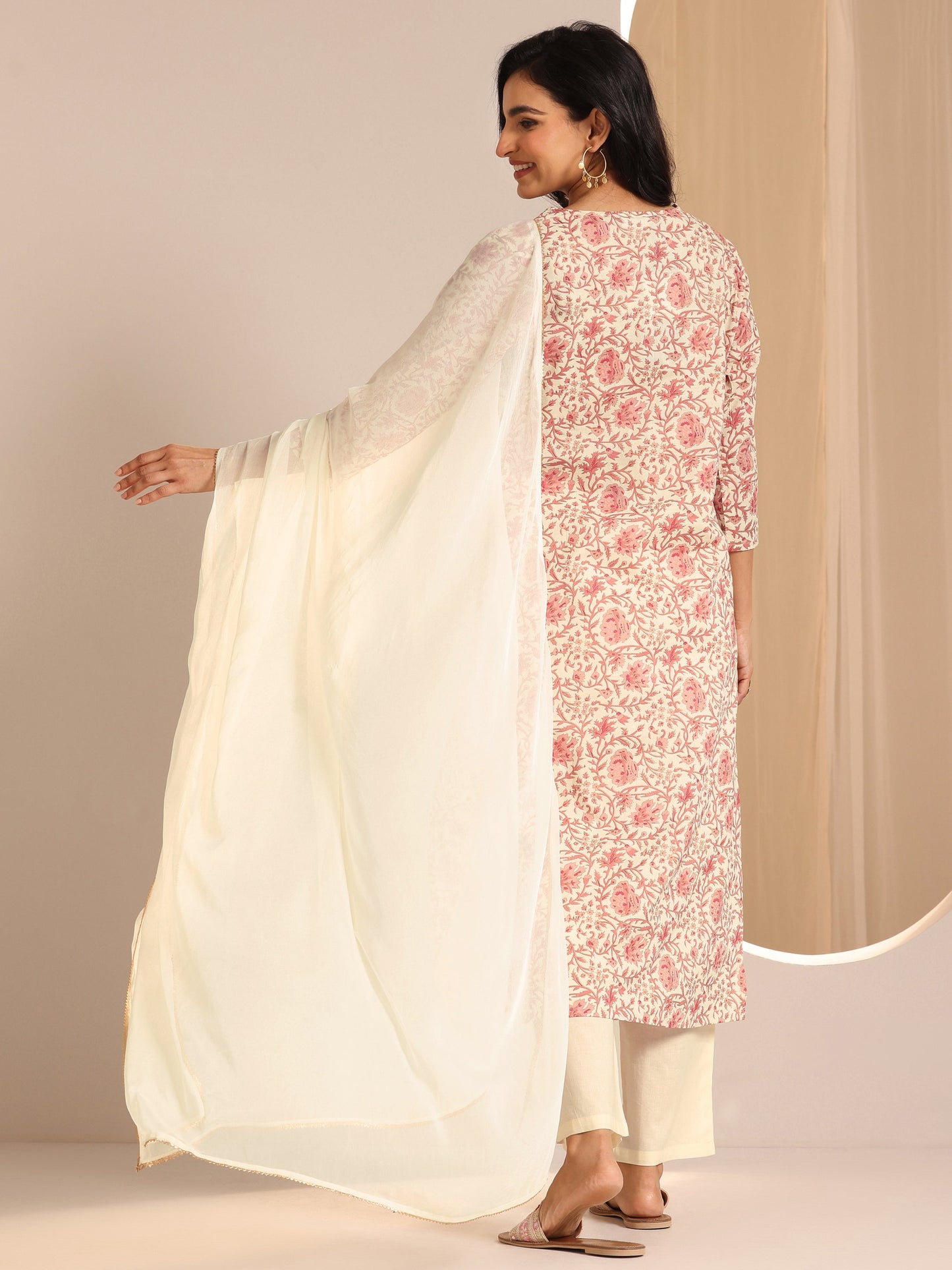 Off White Printed Cotton Straight Suit Set With Dupatta