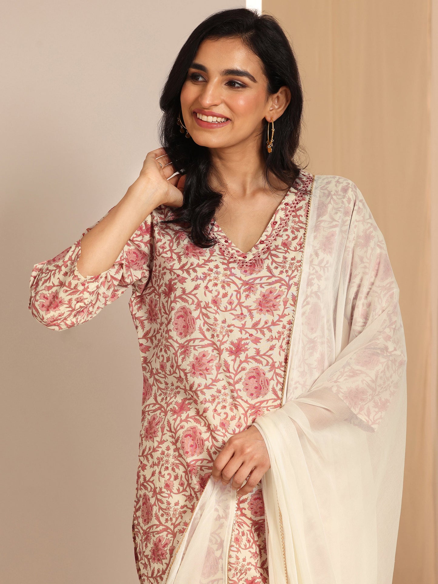 Off White Printed Cotton Straight Suit Set With Dupatta