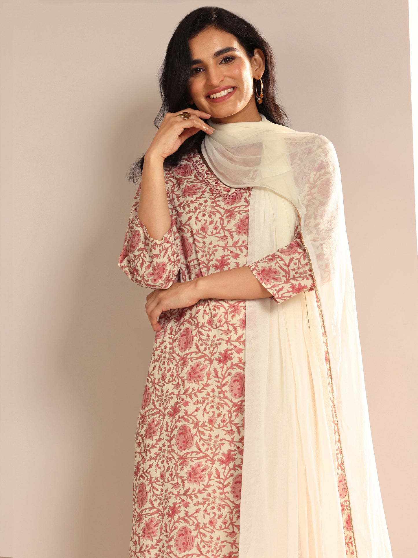 Off White Printed Cotton Straight Suit Set With Dupatta