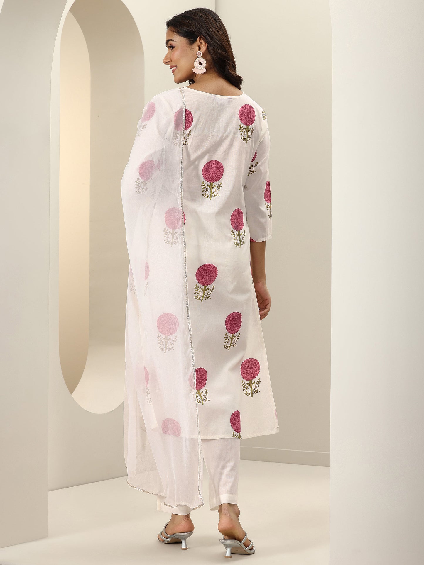 White Printed Cotton Straight Suit Sets With Dupatta