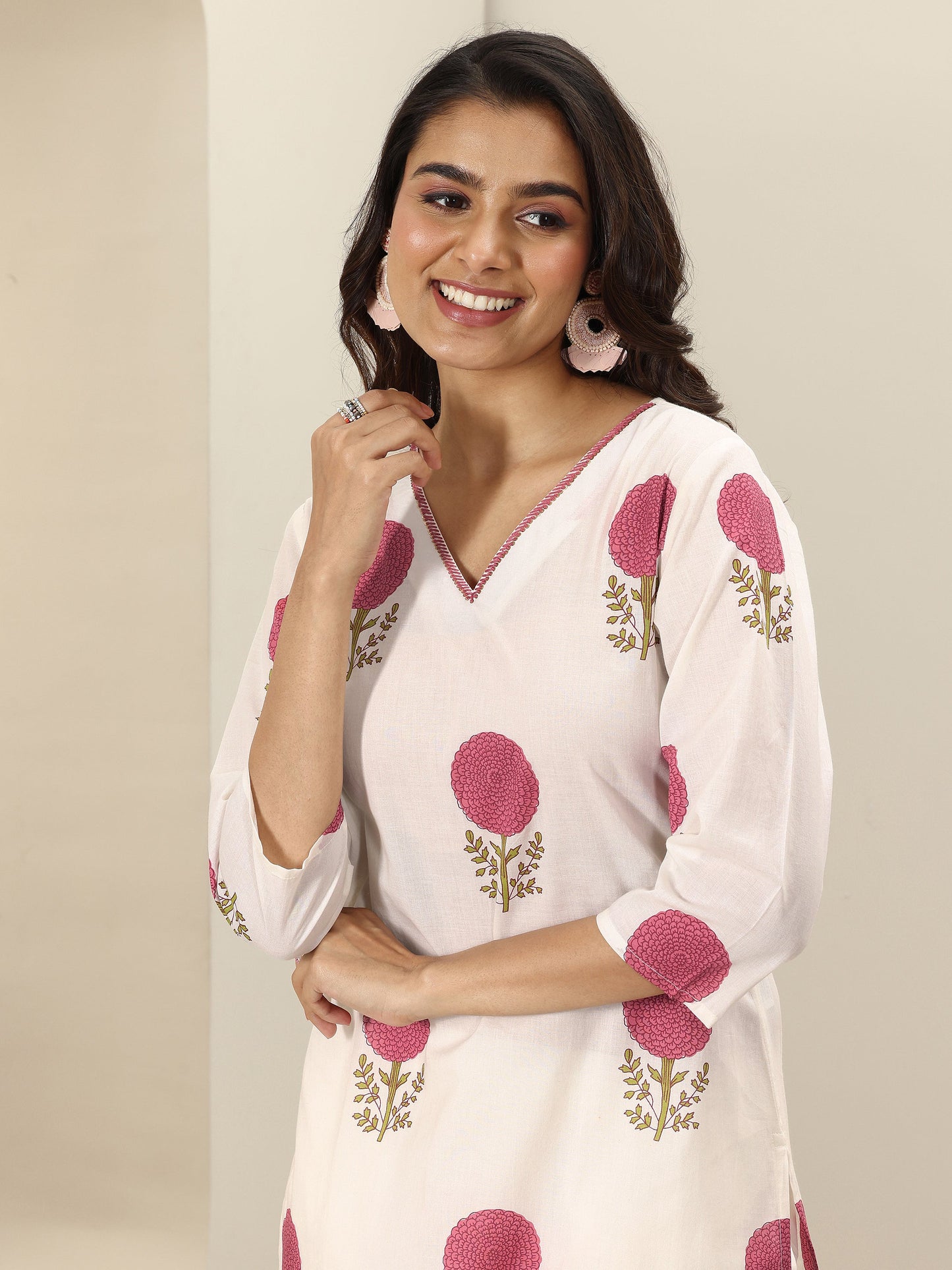 White Printed Cotton Straight Suit Sets With Dupatta