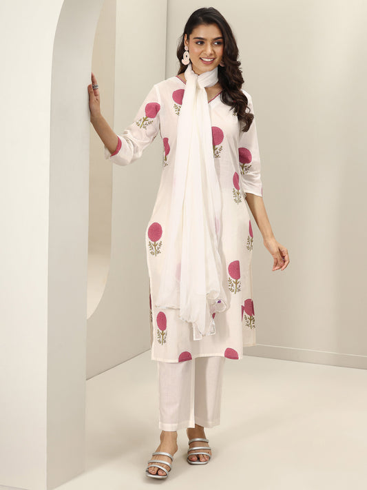 White Printed Cotton Straight Suit Sets With Dupatta