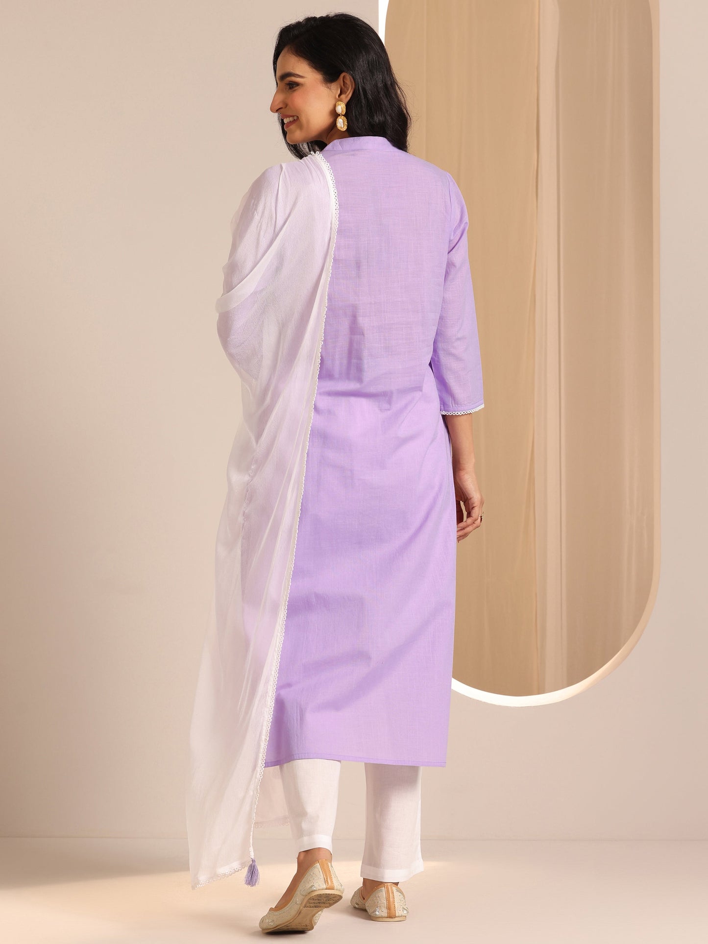 Lavender Yoke Design Cotton Straight Suit Set With Dupatta
