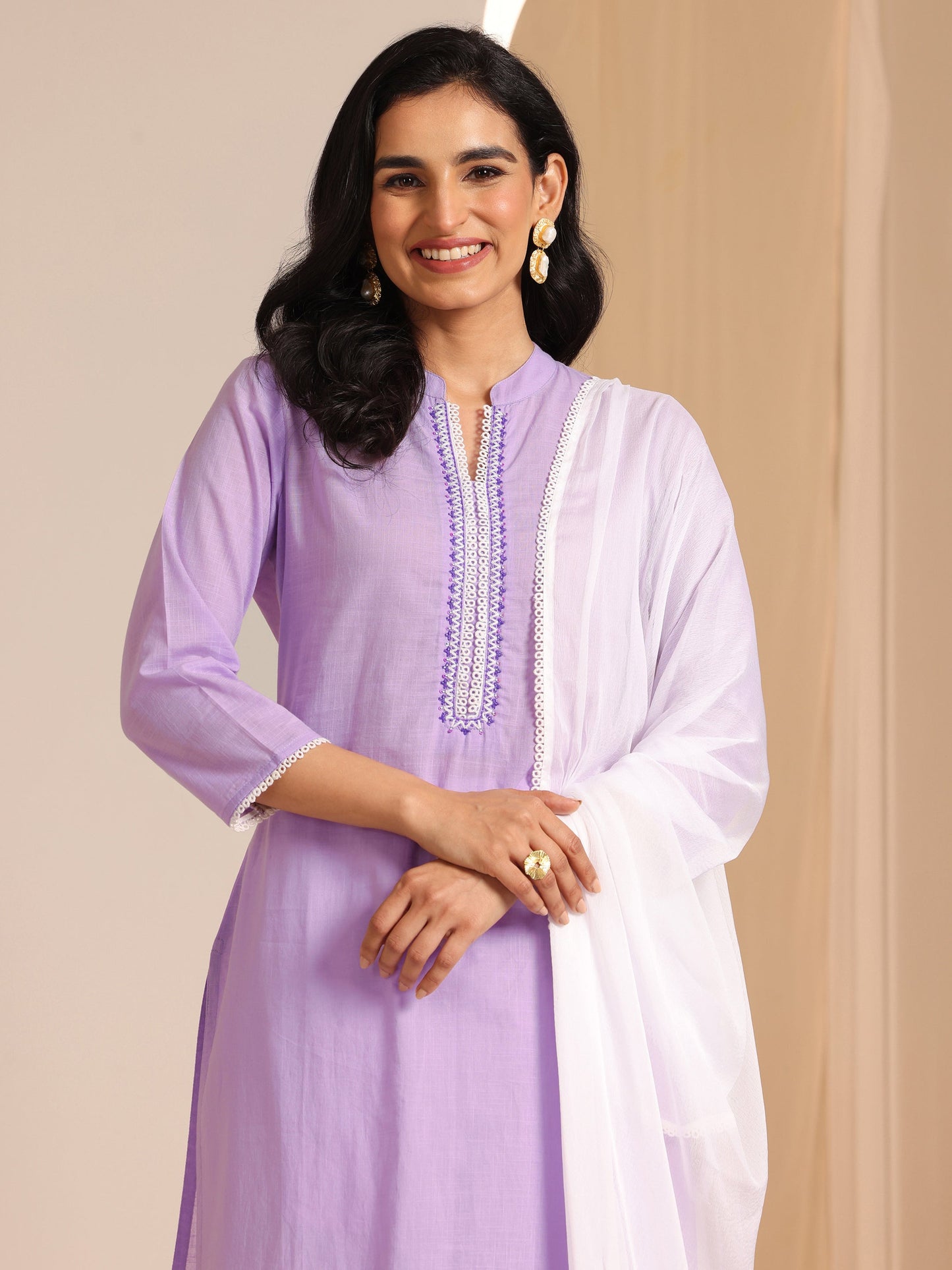 Lavender Yoke Design Cotton Straight Suit Set With Dupatta