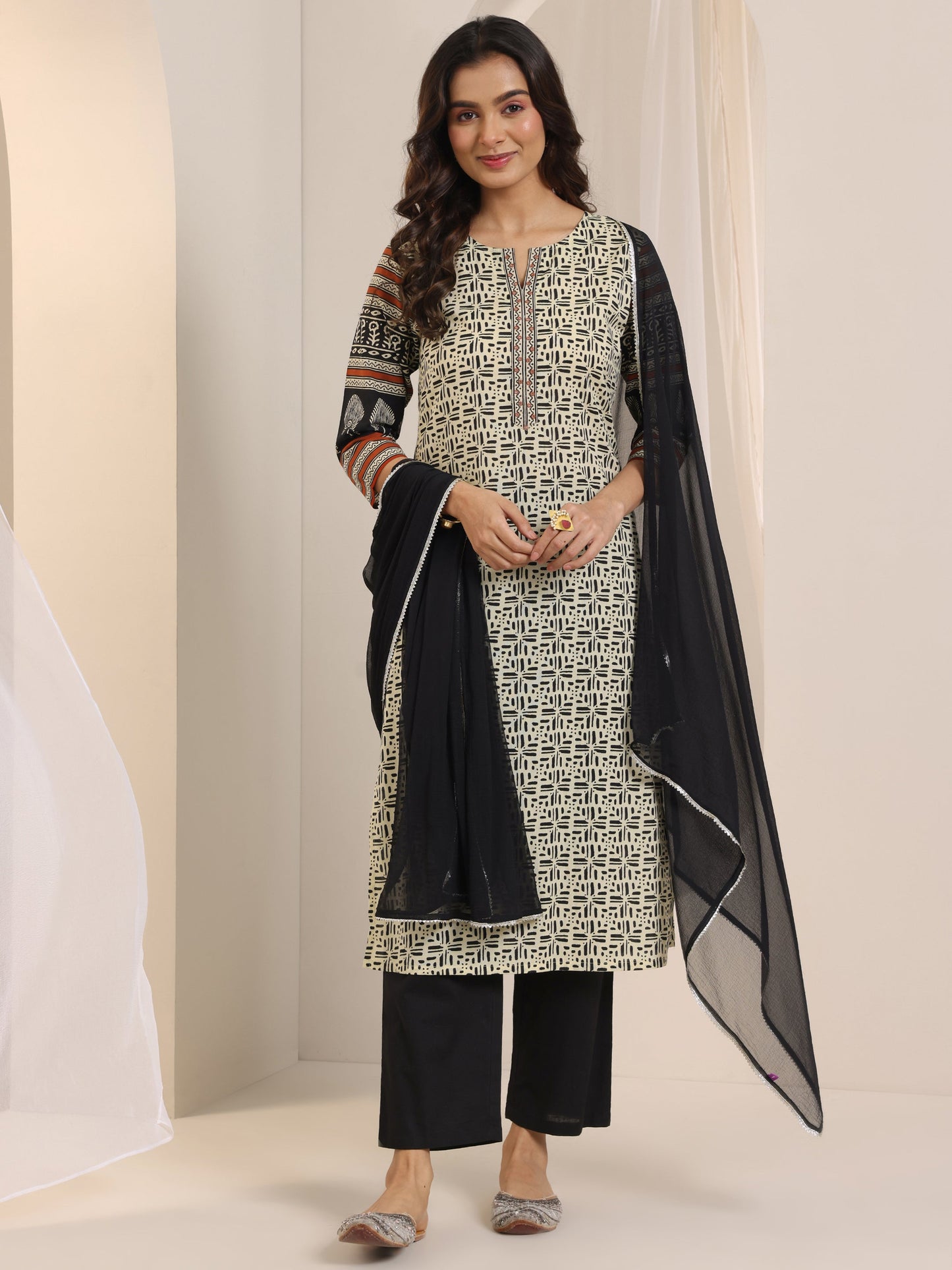 Beige Printed Cotton Straight Suit Set With Dupatta