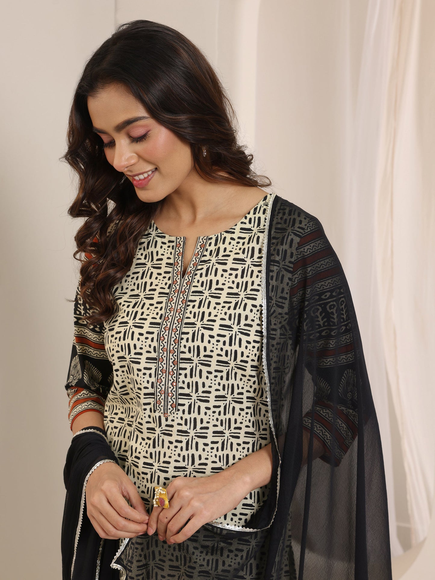 Beige Printed Cotton Straight Suit Set With Dupatta