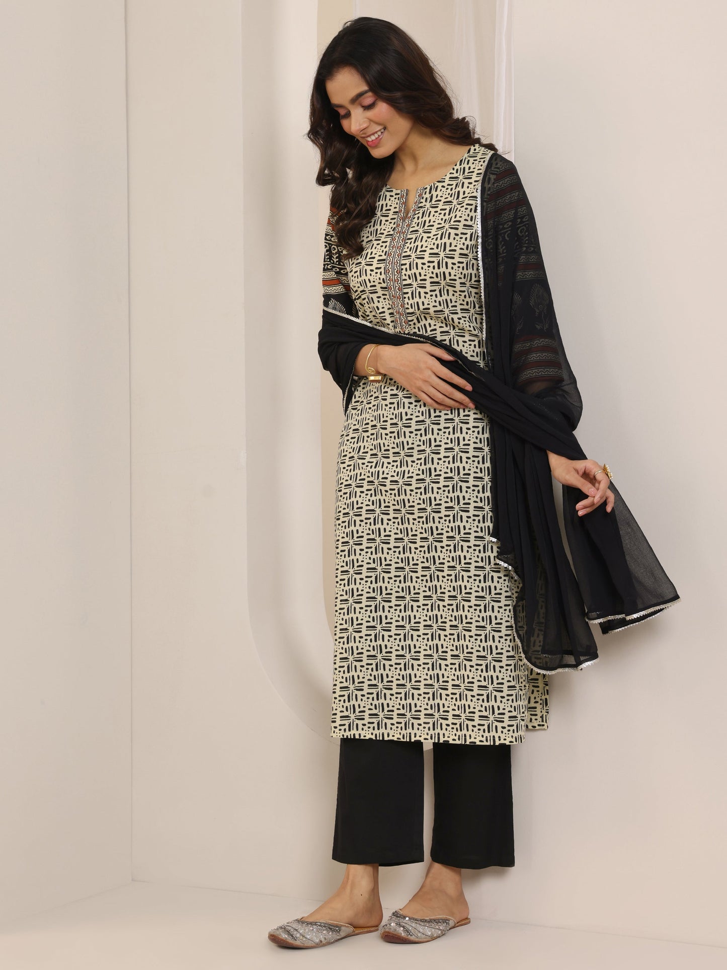 Beige Printed Cotton Straight Suit Set With Dupatta