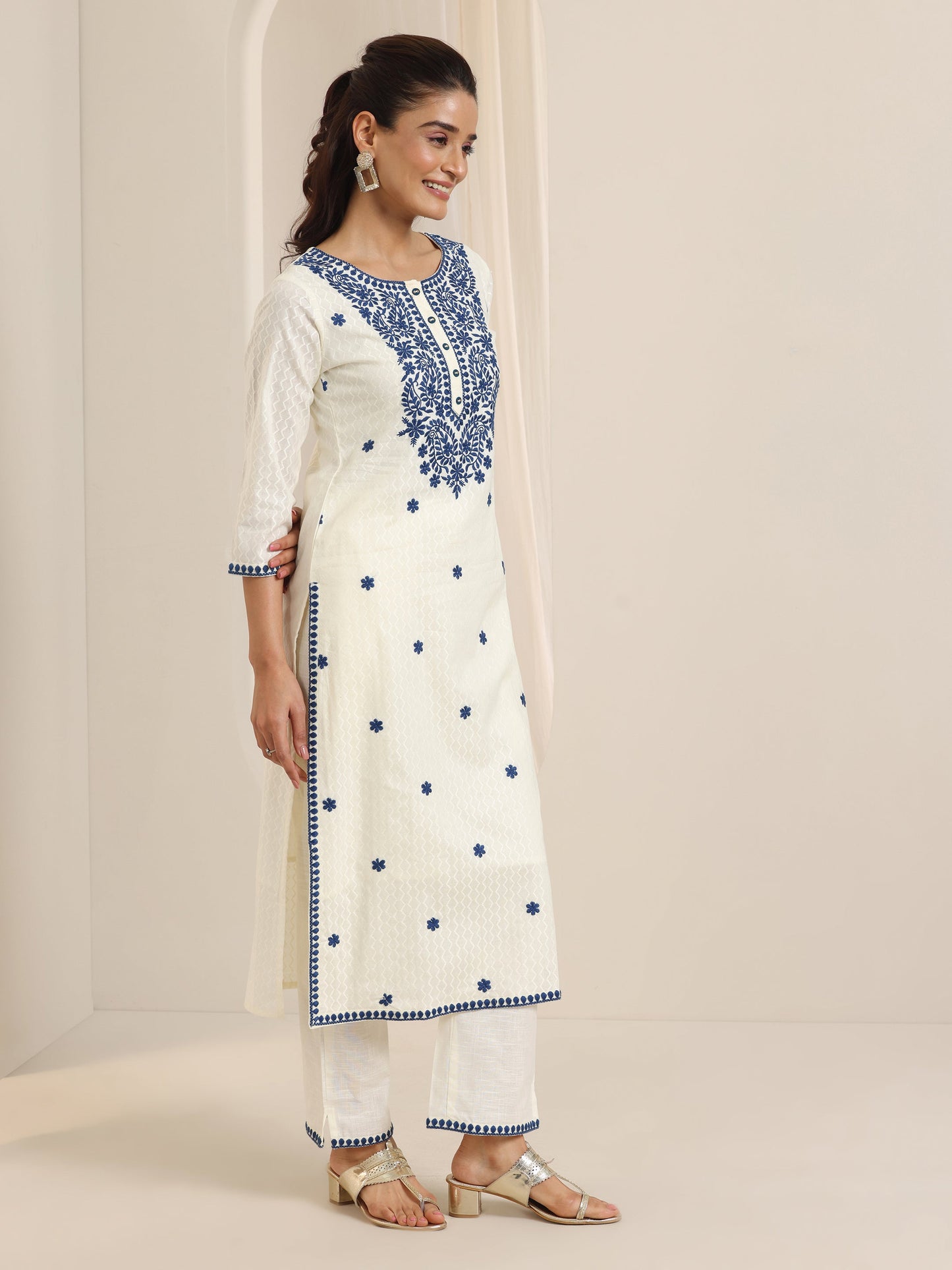 Off White Embroidered Cotton Straight Suit Set With Dupatta