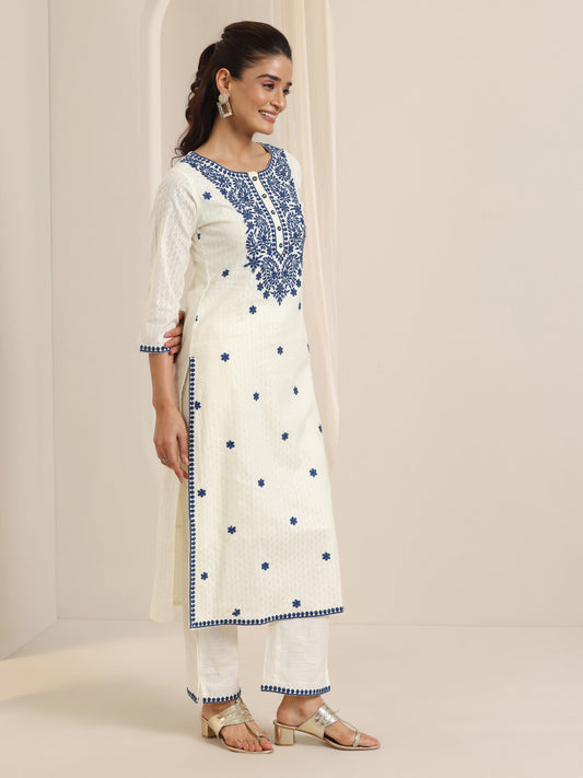 Off White Embroidered Cotton Straight Suit Set With Dupatta