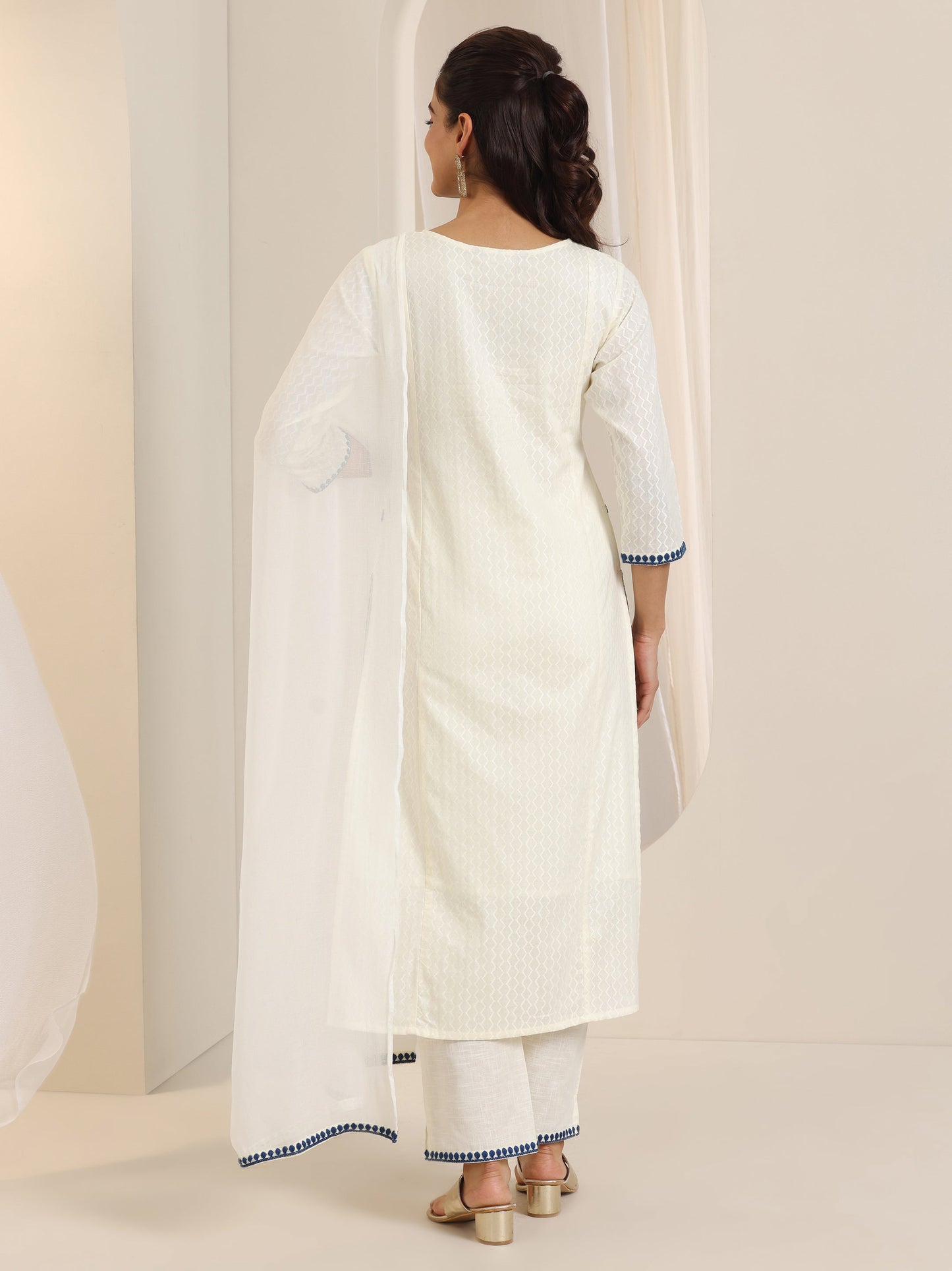 Off White Embroidered Cotton Straight Suit Set With Dupatta