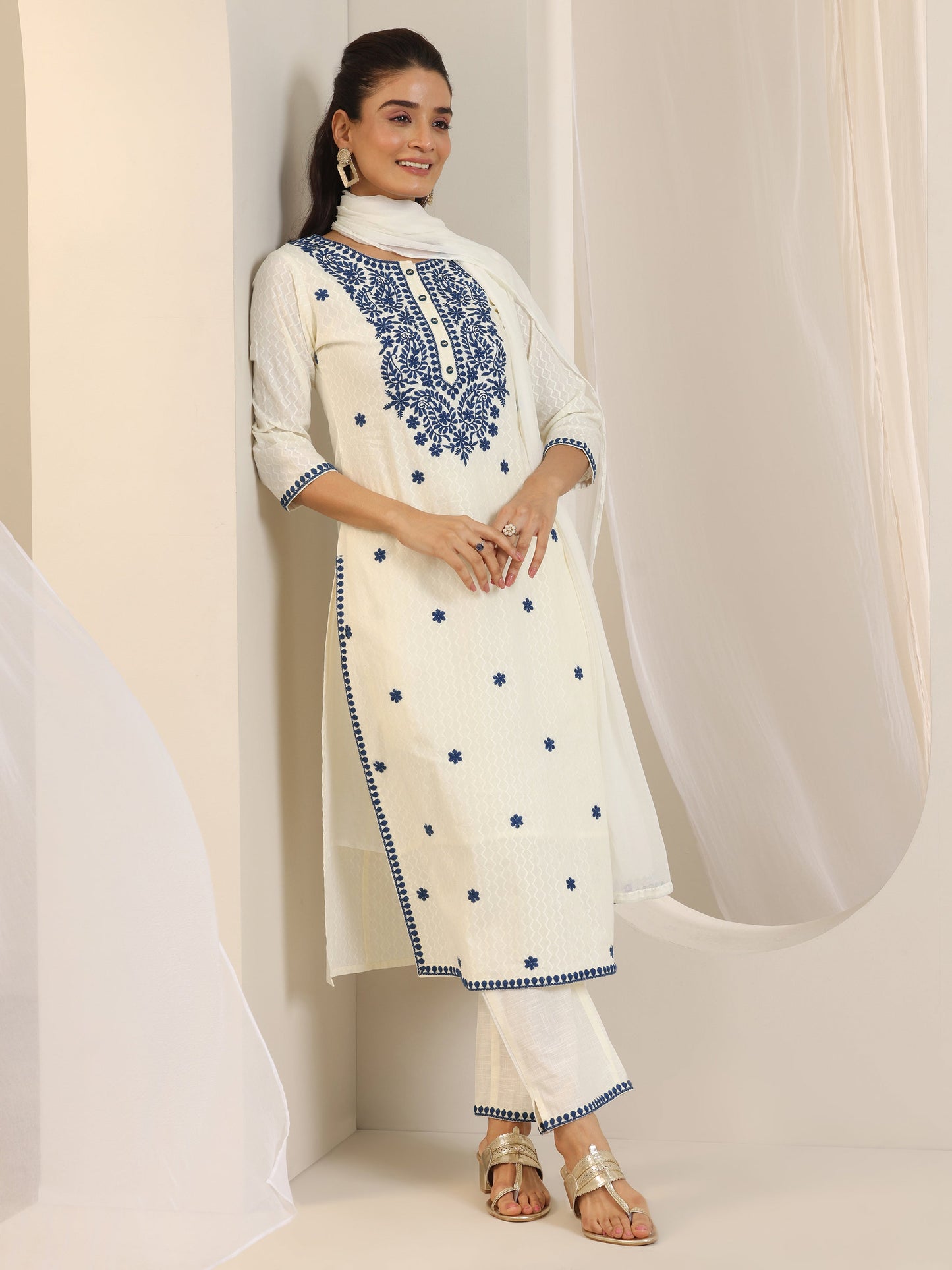 Off White Embroidered Cotton Straight Suit Set With Dupatta