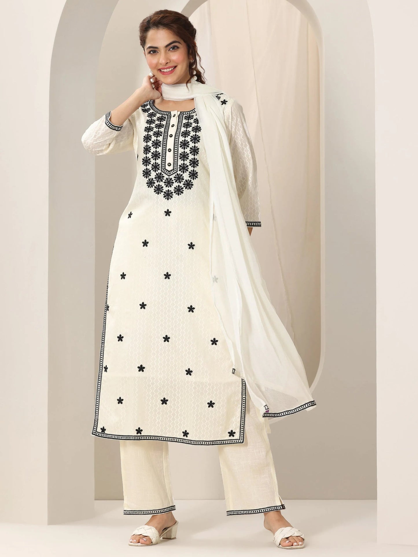 Off White Embroidered Cotton Straight Suit Set With Dupatta