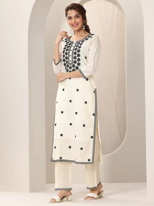 Off White Embroidered Cotton Straight Suit Set With Dupatta