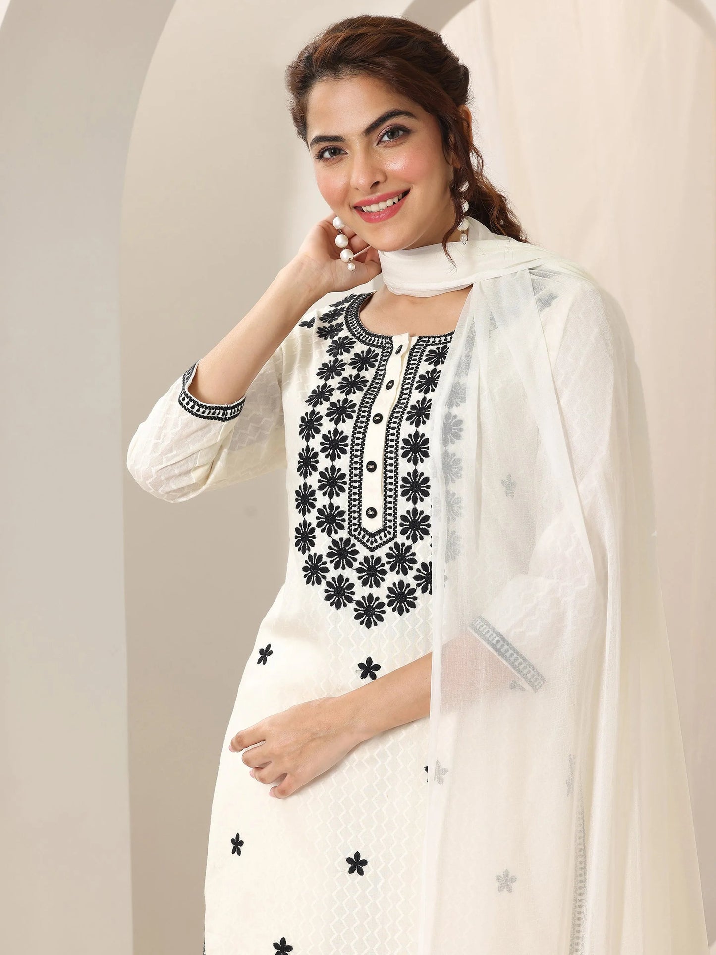 Off White Embroidered Cotton Straight Suit Set With Dupatta