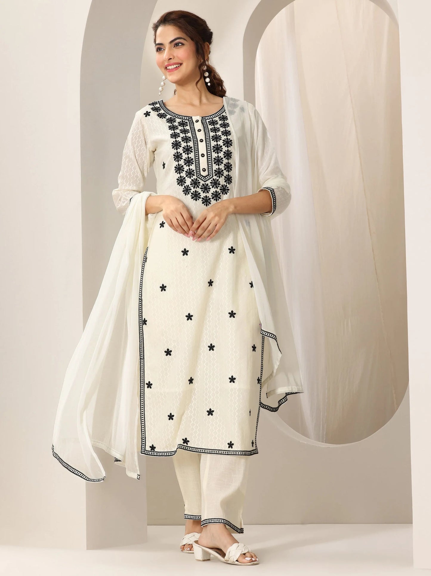 Off White Embroidered Cotton Straight Suit Set With Dupatta