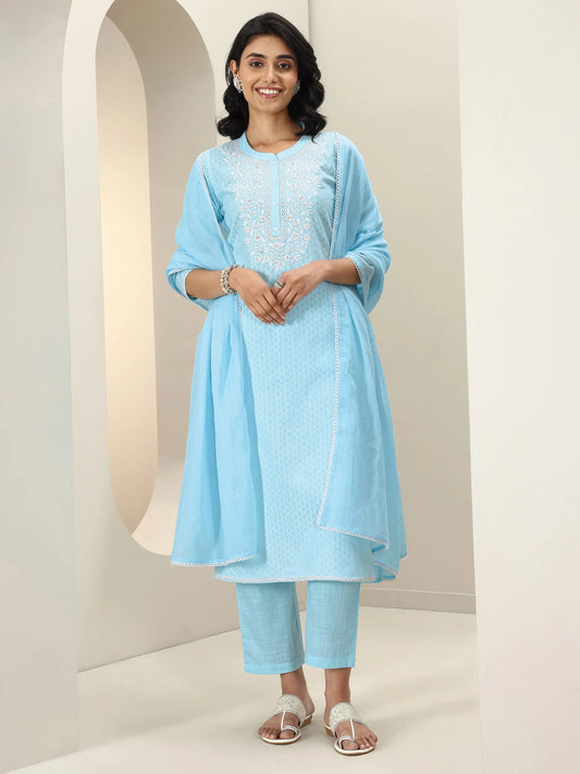 Blue Embroidered Cotton Straight Suit Sets With Dupatta