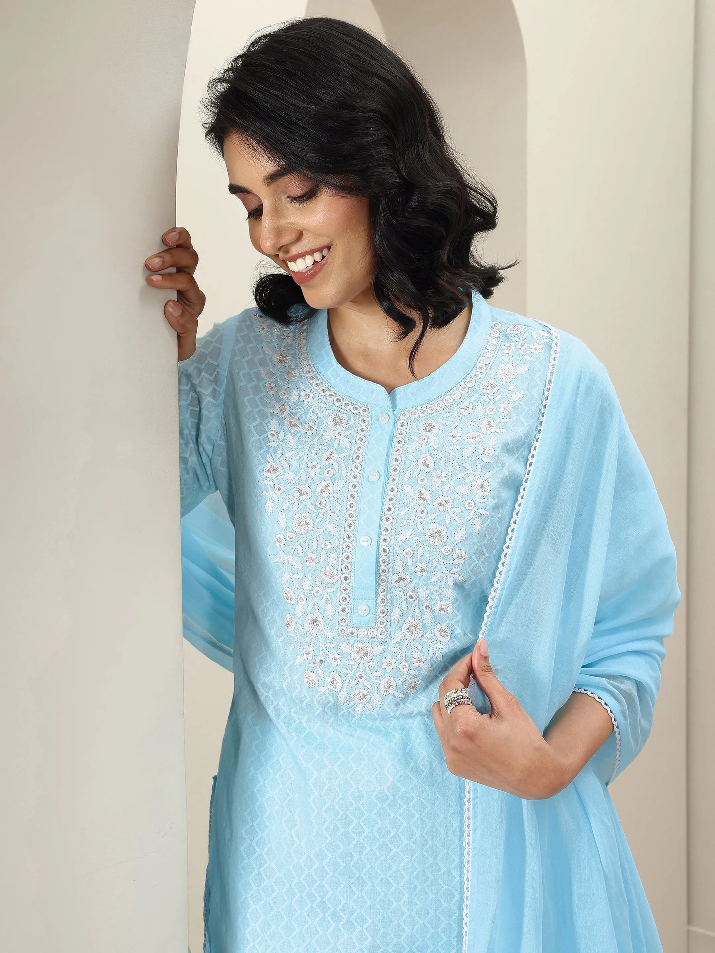 Blue Embroidered Cotton Straight Suit Sets With Dupatta