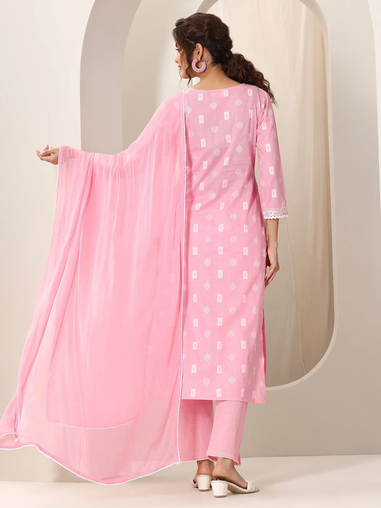 Pink Embroidered Cotton Straight Suit Set With Dupatta